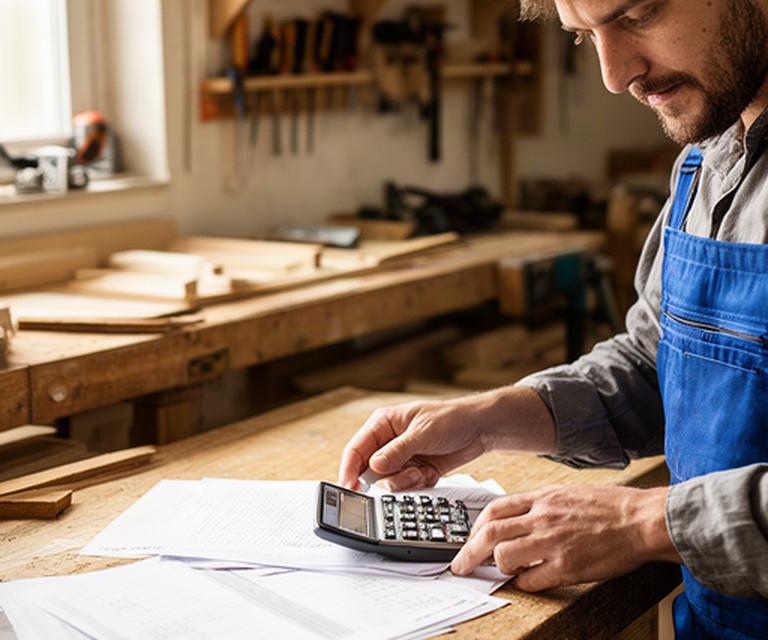 Selbstständiger Handwerker prüft Budgetzahlen an einem Holztisch in seiner Werkstatt im Kanton Solothurn